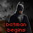 Batman figure in dark cowl and cape, The Dark Knight character with white face paint and black eyes, Christian Bale's face below text labels.