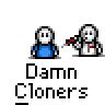 Animated contact sheet of 20 pixel art frames showing two stick figures interacting with red objects, labeled "Damn Cloners" text below each frame on gray background.