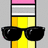 Pixelated pencil character with black sunglasses, pink eraser top, yellow body stripes, and red text reading 'Mr. Pencil' on the right side.