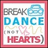 Pixelated static icon with text "BREAK DANCE HEARTS" in gray, blue, and red, featuring a blue car, pink heart, and beige squiggles on white background with pink border.