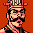 Pixel art portrait of a character with stylized facial features, wearing a hat and dark clothing against an orange background.