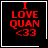 Four identical black square with red pixelated text "I LOVE QUAN <33" and white borders, two featuring small white symbols in the bottom-right corner