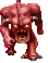 Pixelated red demon with glowing yellow eyes, multiple poses showing open mouth and clawed feet on gray background.