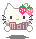 Pixelated white cat with dark blue eyes, orange nose, and pink cheeks holds a gray rectangle with pink 'mdil' text; two strawberries on head; gray background.