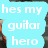 A person with dark curly hair holds a red electric guitar against a gray background, next to light blue text reading 'hes my guitar hero'.