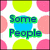Pixelated of colorful circles with green text phrases on blue and yellow circles, set against a white background with pink circles