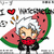 Pixelated cartoon character with white hair and red scarf stands beside watermelon slice, holding small object, with heart and sparkles above.