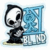 Pixelated cartoon character with large eyes and black clothing stands beside a blue easel holding a blank canvas.