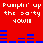 Red background with white text repeating 'Pumpin' up the party NOW!!!' and blue horizontal bars in a pattern.