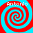 Four identical spiral patterns arranged in a , each with red and cyan swirls on a blue background, labeled 'Antonio' at the top of each quadrant