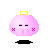 Pixelated pink blob with yellow bow, black eyes, and red X cheeks in three variations: closed eyes, open eyes with mouth, and open eyes with pink nose.