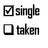 four identical static buddy icons showing 'single' with a checked box and 'taken' with an unchecked box, each icon featuring a pink triangular shape in the top-right corner