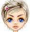 Pixelated cartoon girl with short blonde hair and pink heart accessory, showing six facial expressions across two