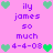 Pixelated pink background with purple text reading 'ily james so much 4-4-08' surrounded by green and light green heart icons.