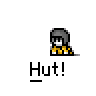 A 5x5 contact sheet of pixel art frames showing a character in various poses with the text "Hut!" below each frame, set against a gray background.