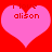 Two pink hearts on a red background with 'i love alison' text in pixelated font.