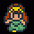 Pixel art character with brown hair, yellow headband, green outfit, and dark blue accents in two poses: one standing still, the other raising arms.