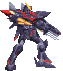 Four pixelated mecha poses with red, yellow, and white accents on dark gray armor against a light gray background.