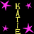 A black background displays vertical yellow text reading KATIE repeated twice, surrounded by pink star shapes in various sizes and positions.