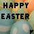 Static pixelated icon with bold black text "HAPPY EASTER" over a blurred pastel background featuring soft orange, green, and blue tones.