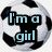 A soccer ball with text 'I'm a girl' in light blue, next to an athlete icon with pink text and a basketball with green text reading 'Oh yeah.'