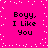 Bright pink background with white pixelated dots scattered , four identical text blocks reading "Boyy, I Like You" in black pixelated font arranged in a