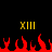 Two identical yellow X-shaped symbols with three vertical bars each, positioned above red pixelated flames on a black background.