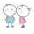 Two pixelated cartoon figures stand side-by-side, one in blue shorts and the other in a pink dress, both with round heads and simple facial features.