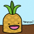 Pixelated pineapple-shaped character with green leafy crown, yellow-orange body, and pink mouth, set against light blue background with brown ground line.