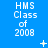 Blue background with repeated white text 'HMS Class of 2008' in a , animated white plus signs and X symbols appear and disappear in different positions