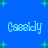 Blue background with green plus signs and four instances of the text 'Cassidy' in light blue pixelated font arranged in a pattern