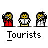 Animated contact sheet of pixel art tourist icons with two character variants in red and white outfits, showing four distinct poses across frames.