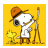 Pixelated cartoon dog wearing orange cap and white shirt standing next to yellow flower with paintbrush on easel against solid yellow background.