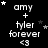 A black background displays repeated white text 'amy + tyler forever <3' with scattered stars, where some star positions shift across frames.