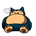 Two side-by-side pixel art images of a round blue creature with a beige belly, closed eyes, and red mouth, one with a white speech bubble, the other with a red mouth.