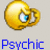 A pixelated golden spherical object with a blue eye and white teeth-like shape, positioned above the word 'Psychic' in blue text.