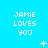 Pixelated text 'JAMIE LOVES YOU' repeated across a bright cyan background with scattered white star and dot symbols.