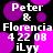 Pixelated text and purple circles on black background with repeated 'Peter & Florencia 4 22 08 iLyy' in white font.