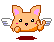 A 4-frame pixel art animation of a winged fox-like creature with changing expressions and poses, displayed in a contact sheet layout on gray background.