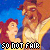 Animated contact sheet of Beauty and the Beast characters with repeated text overlay across multiple frames showing Belle's face, the Beast's face, and a blue background.