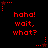 Red pixelated text and star symbols on a black background, repeating 'haha! wait, what?' in multiple with scattered stars