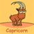 A 5-frame animated contact sheet of a pixelated Capricorn zodiac icon with brown goat body, white horns, and orange text on yellow background.