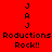 Red background with yellow rectangular sections containing repeated 'J', 'A', and 'J' text, below which 'Rouductions Rock!!' appears in black pixelated font.