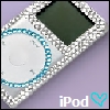 A close-up of a white iPod with a silver and blue beaded border, displaying the Apple logo on its circular click wheel against a light purple background.