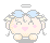 Pixelated cartoon character with closed eyes, pink cheeks, and a smiling mouth surrounded by floating geometric shapes.