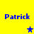 Yellow background with four blue 'Patrick' text blocks and two star icons, one blue and one gray.