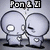 Two pixelated figures with large round heads face each other, one holding a microphone-like object under the text "Pon & J" on a gray background.