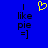 Blue background with black text reading 'I like pie =]' on both sides and a yellow pixelated heart symbol above the text.