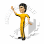 Animated character in yellow jumpsuit with black stripes performing martial arts poses against white background with faint watermark text.