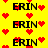 Yellow background with repeated black text 'ERIN' and scattered red pixelated hearts in a pattern